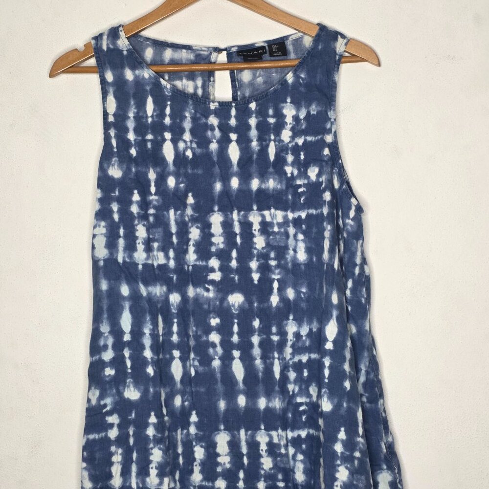 Tahari 100% Linen Blue Tie Dye Sleeveless Pocket Tank Dress Size Large L - Picture 3 of 6